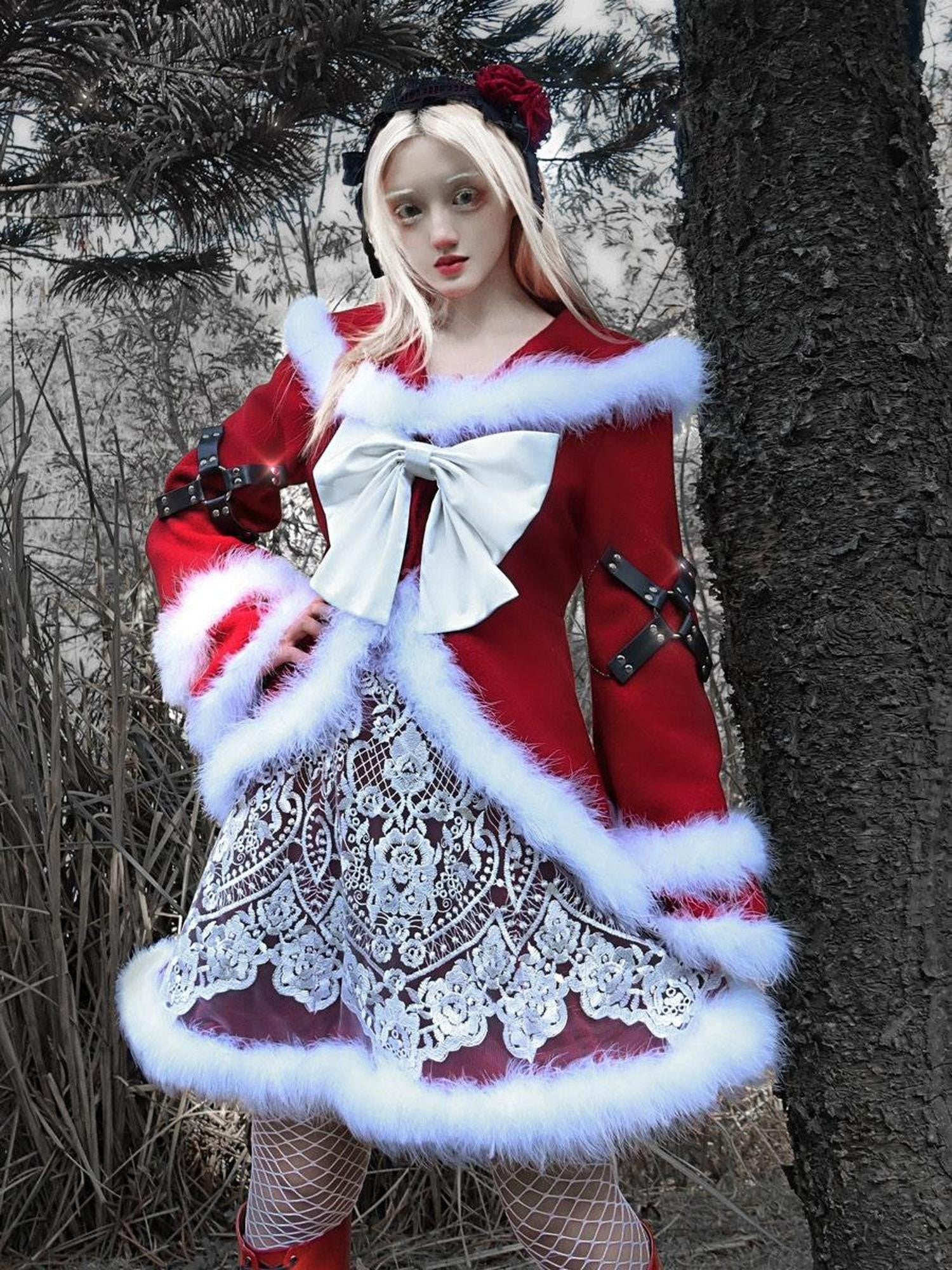 BLOOD SUPPLY Gothic Bowknot Women's Pu Plush Woolen Improved Faux Fur Trim Coats