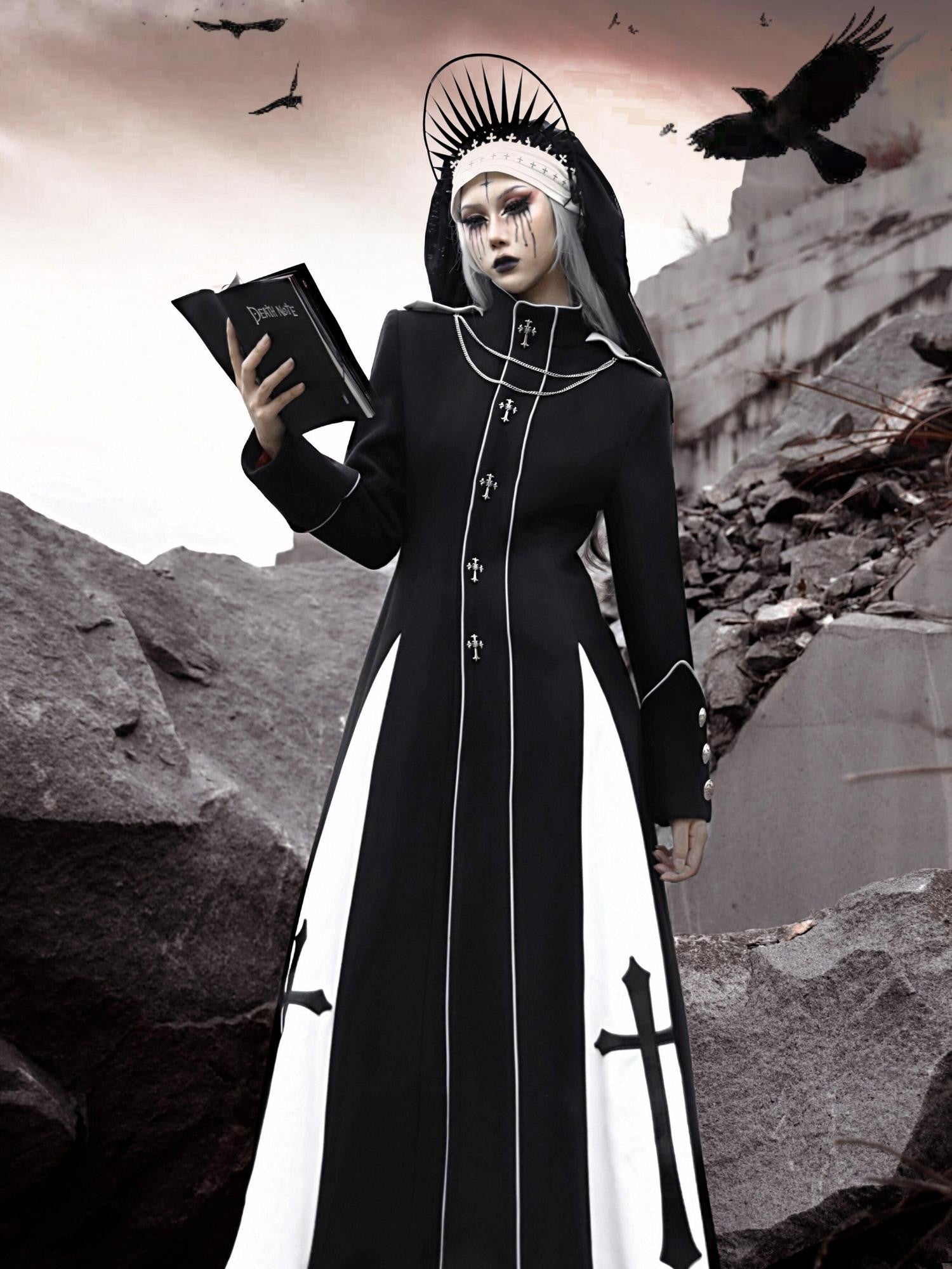 BLOOD SUPPLY Gothic Cross Heavy Embellished Patchwork Stand Collar Long Women's Woolen Coats