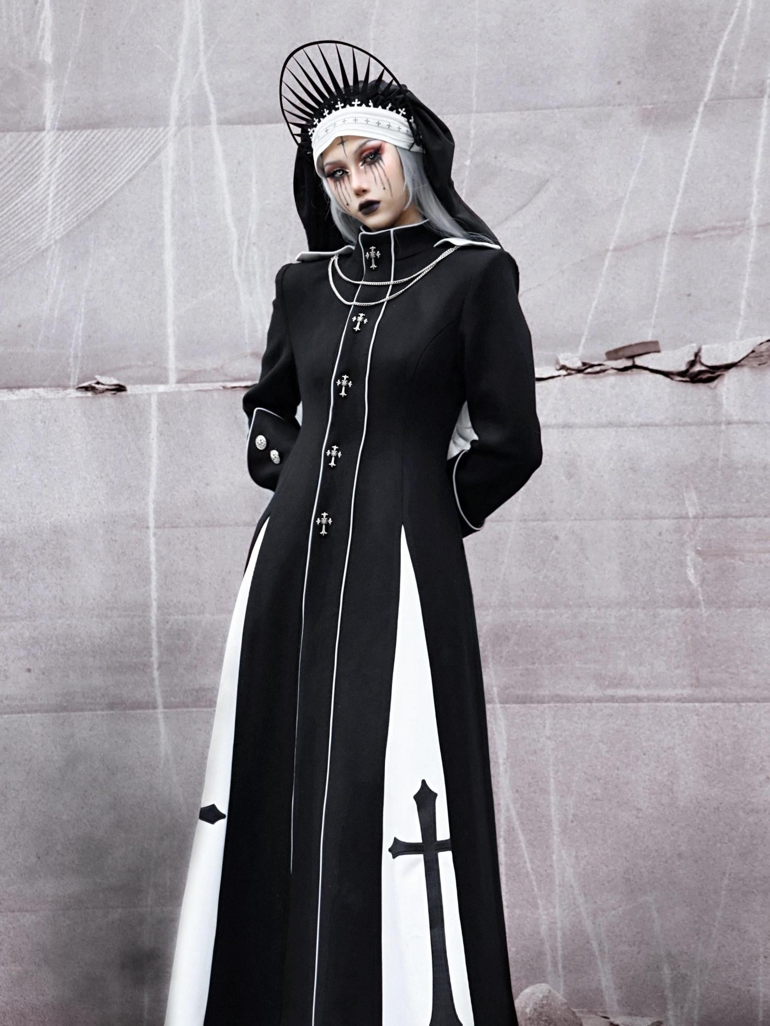 BLOOD SUPPLY Gothic Cross Heavy Embellished Patchwork Stand Collar Long Women's Woolen Coats