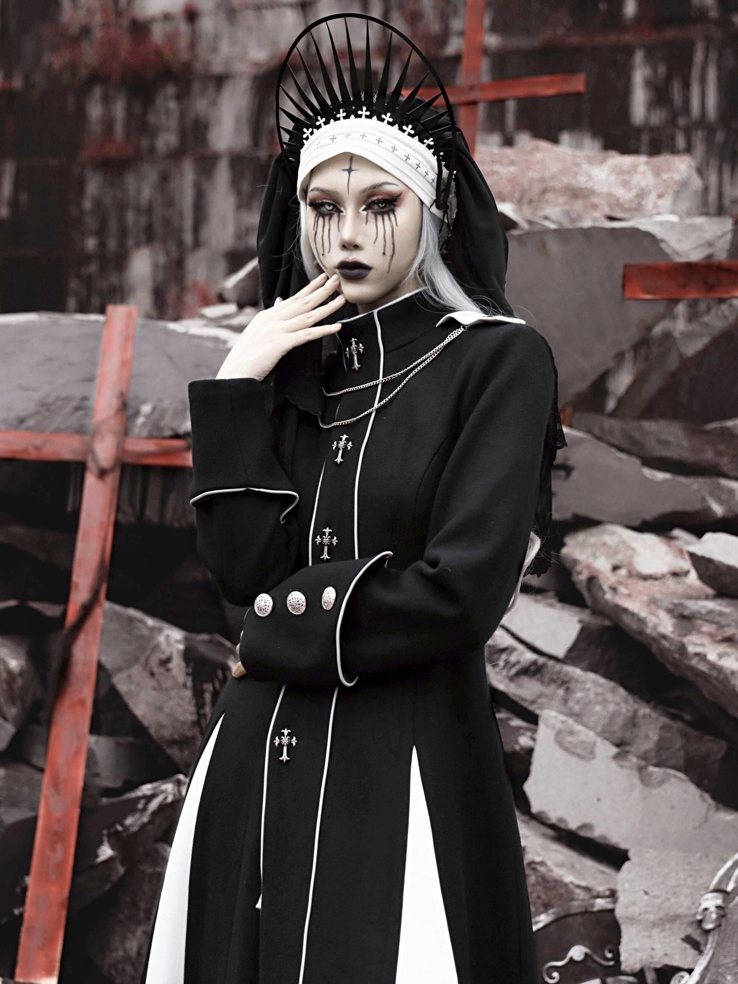 BLOOD SUPPLY Gothic Cross Heavy Embellished Patchwork Stand Collar Long Women's Woolen Coats