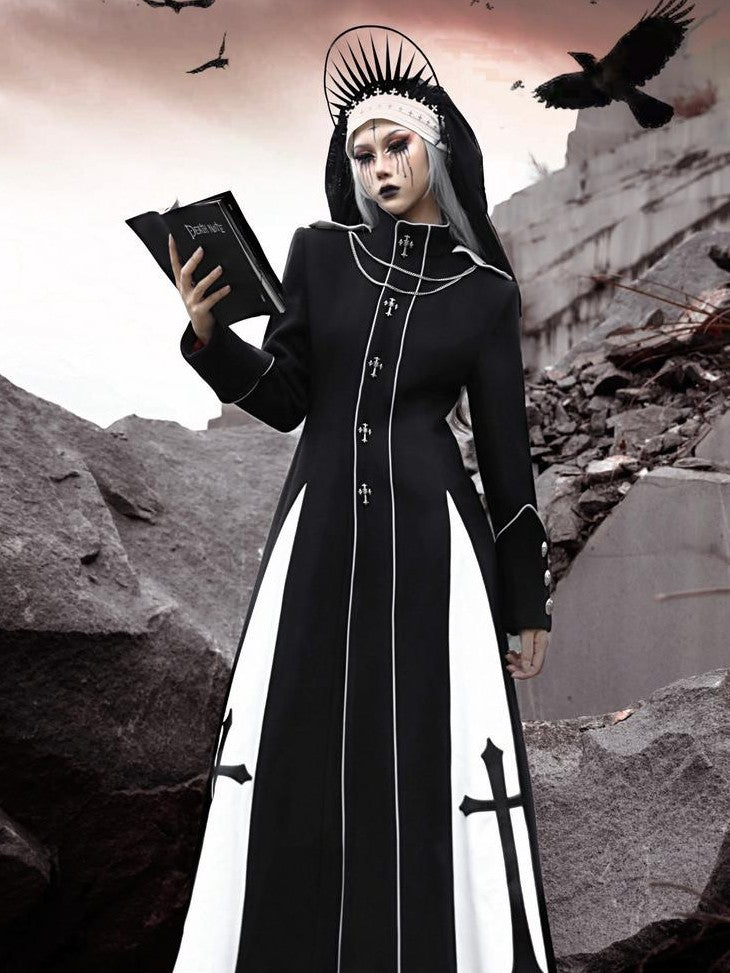 BLOOD SUPPLY Gothic Cross Heavy Embellished Patchwork Stand Collar Long Women's Woolen Coats