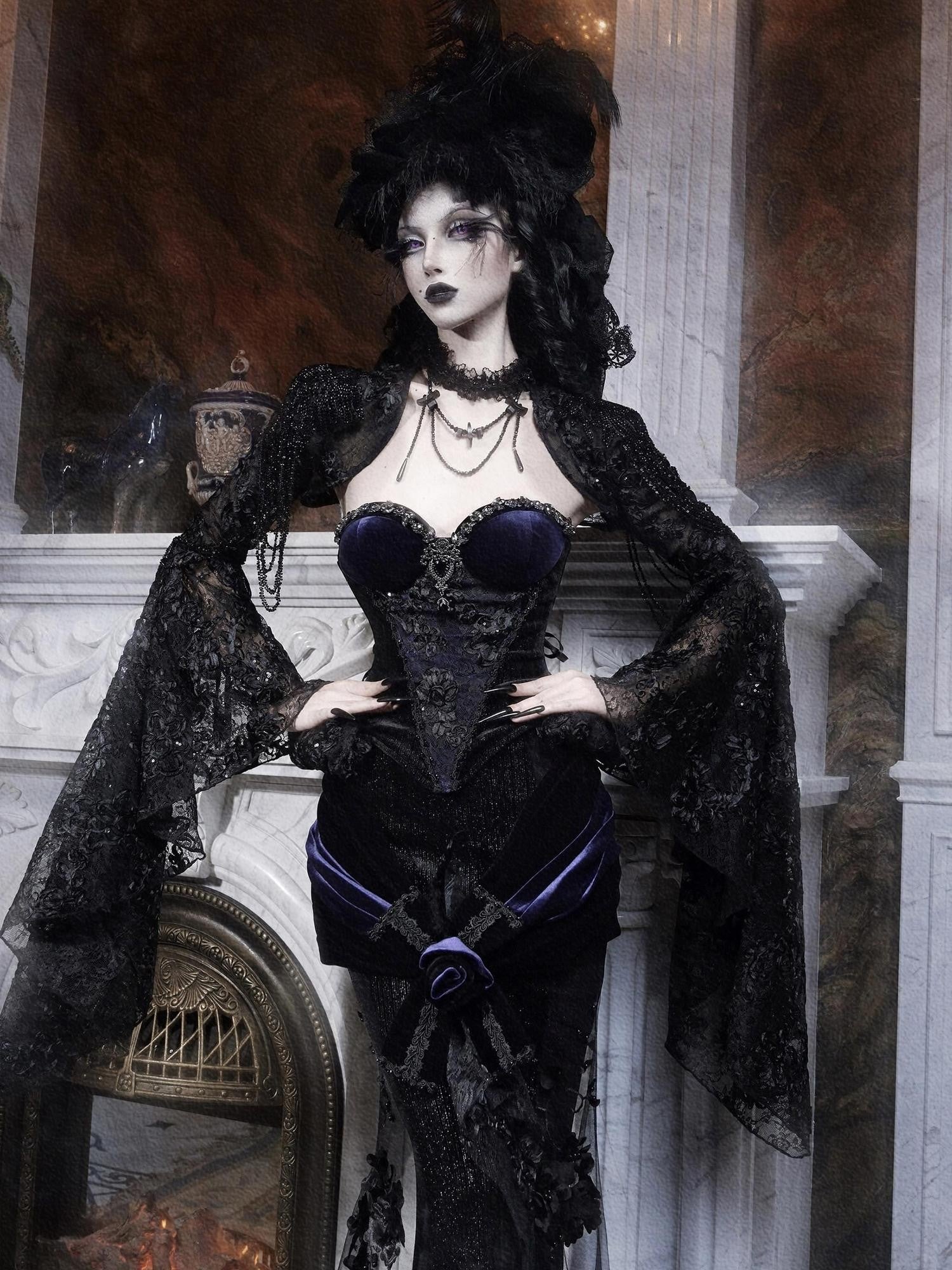 BLOOD SUPPLY Gothic European Rhinestone Removable Ruffle Fitted Women's Velvet Bustiers