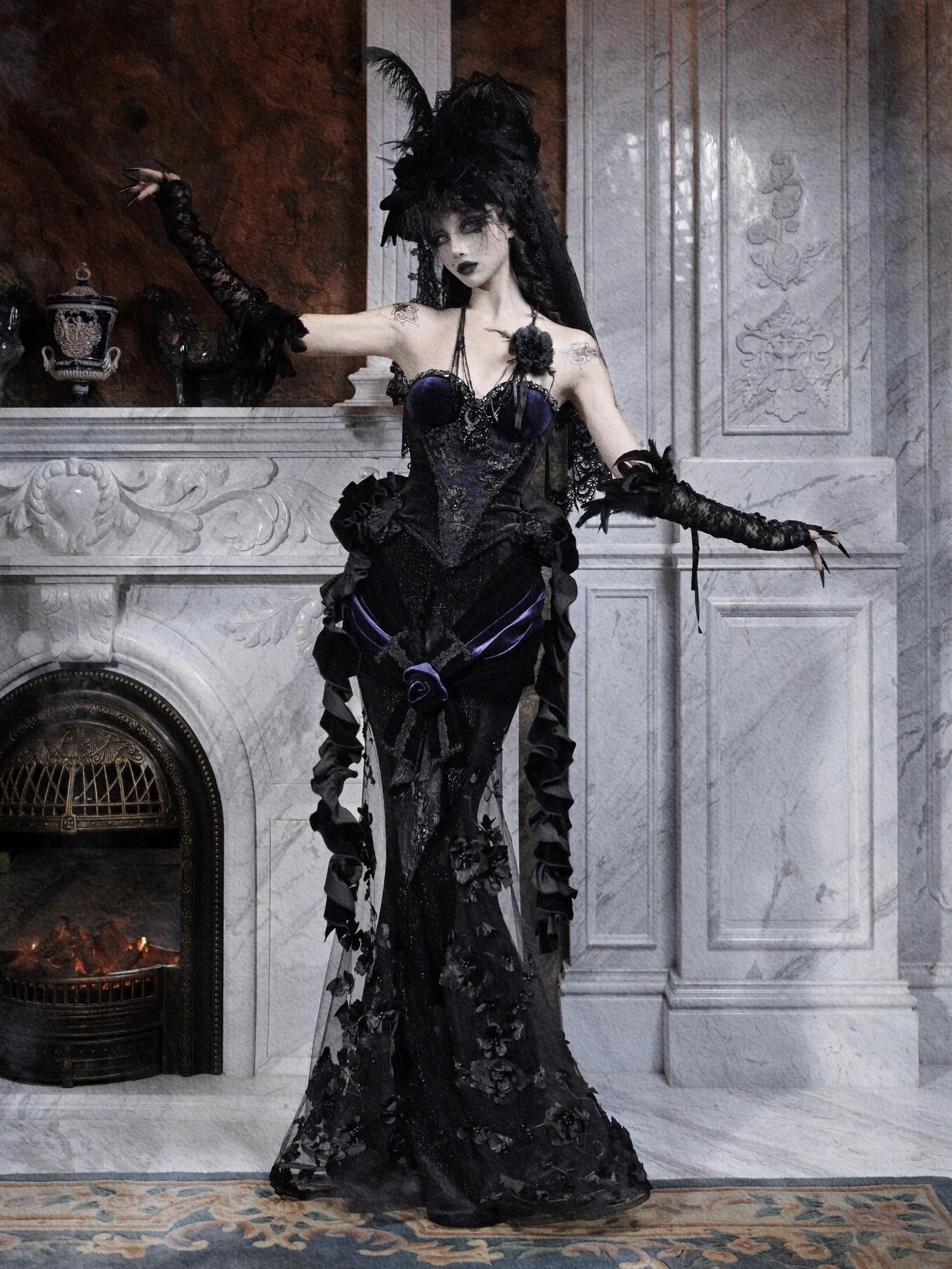 BLOOD SUPPLY Gothic European Rhinestone Removable Ruffle Fitted Women's Velvet Bustiers