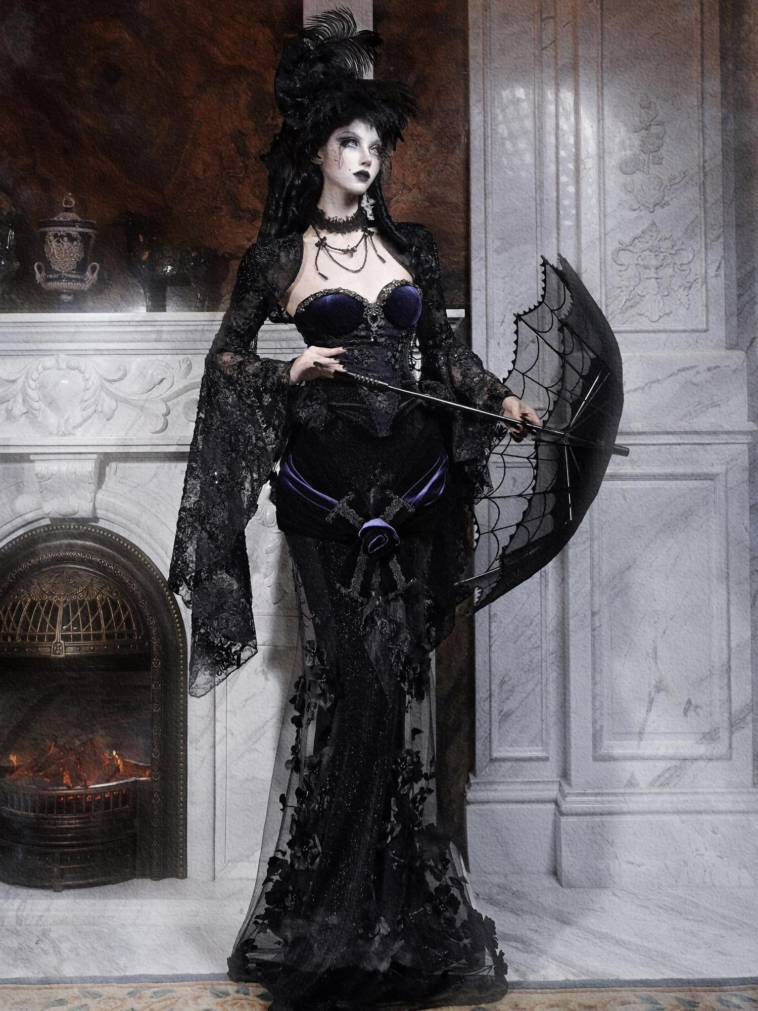 BLOOD SUPPLY Gothic European Rhinestone Removable Ruffle Fitted Women's Velvet Bustiers