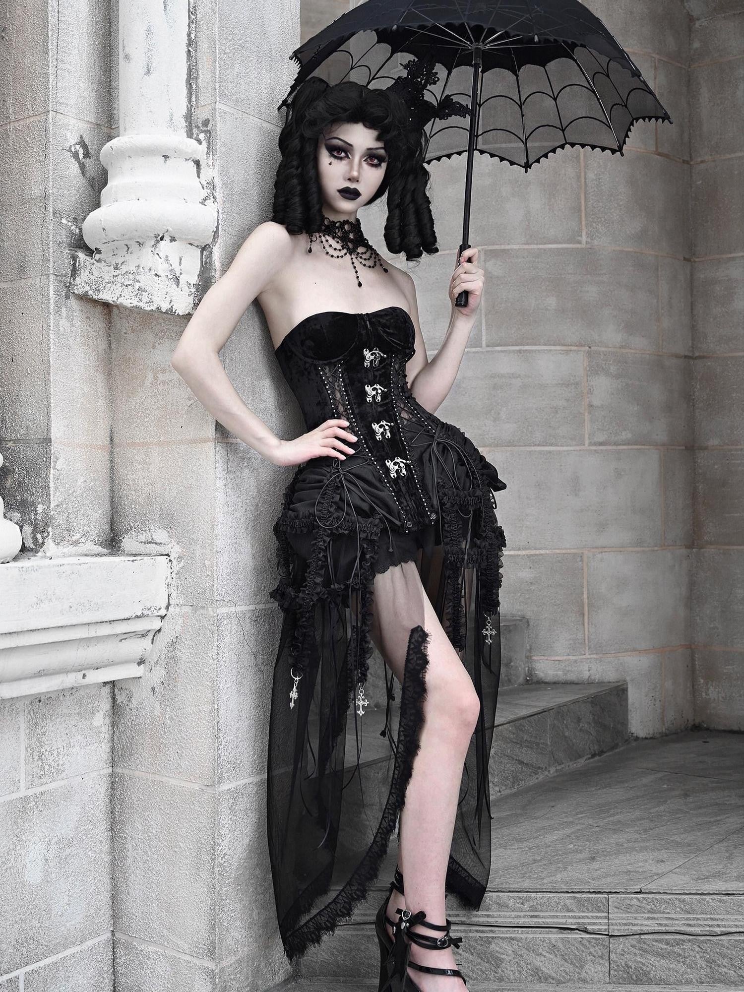 BLOOD SUPPLY Gothic Fishbone Cage Lace Up Bow Detail Women's Velvet Bustiers
