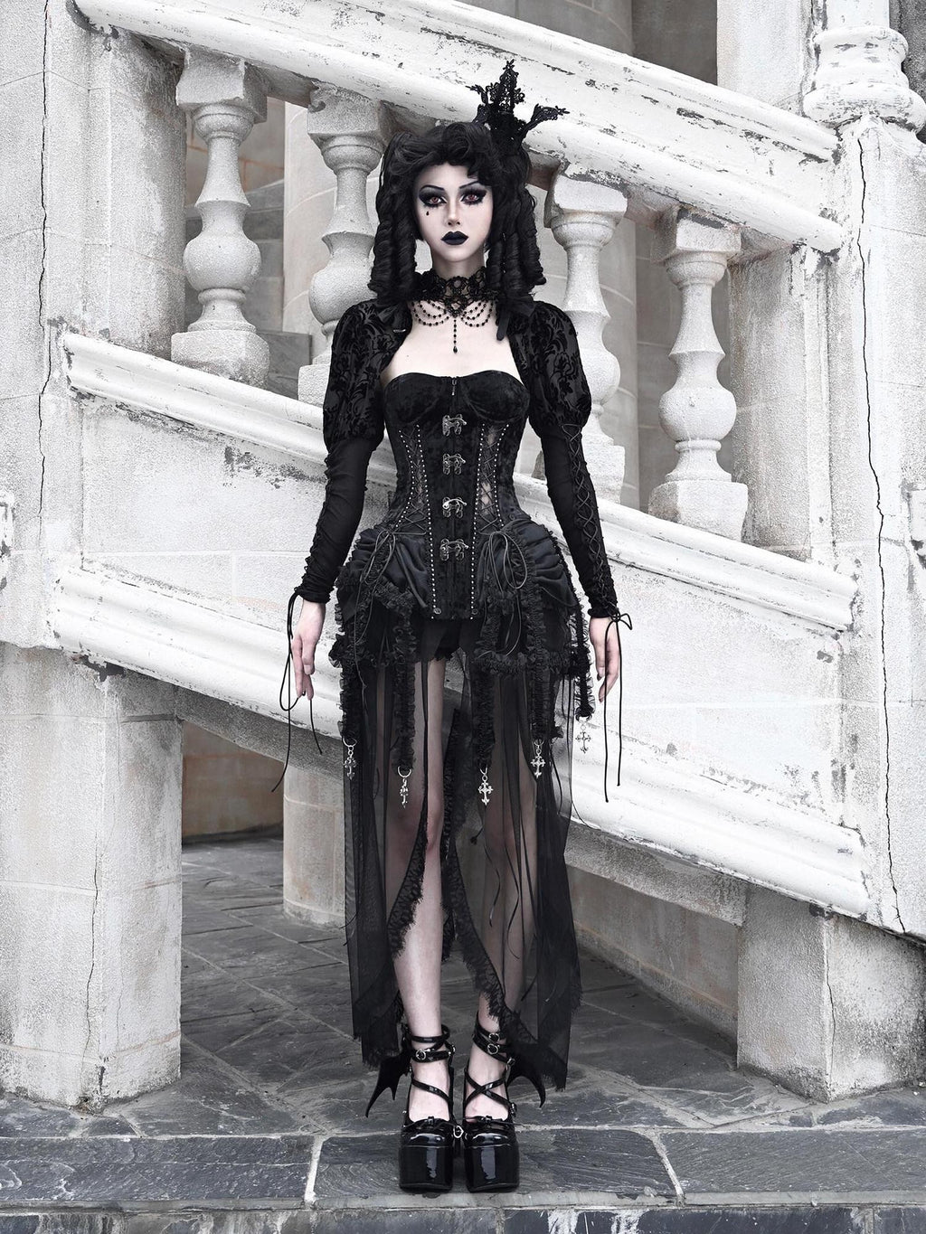 BLOOD SUPPLY Gothic Fishbone Cage Lace Up Bow Detail Women's Velvet Bustiers