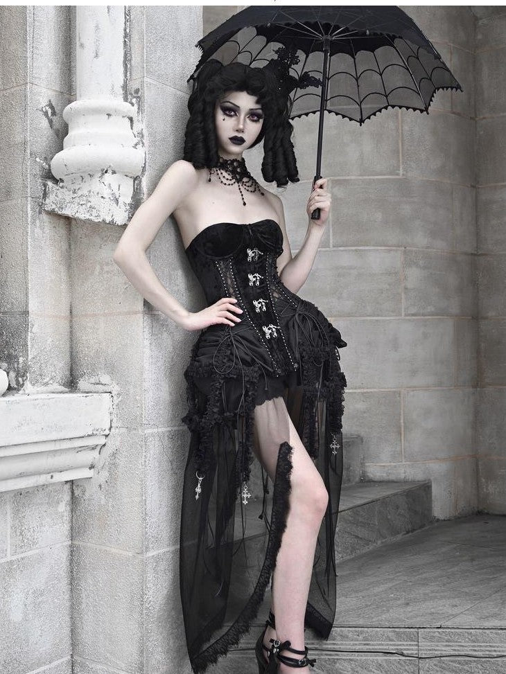 BLOOD SUPPLY Gothic Fishbone Cage Lace Up Bow Detail Women's Velvet Bustiers