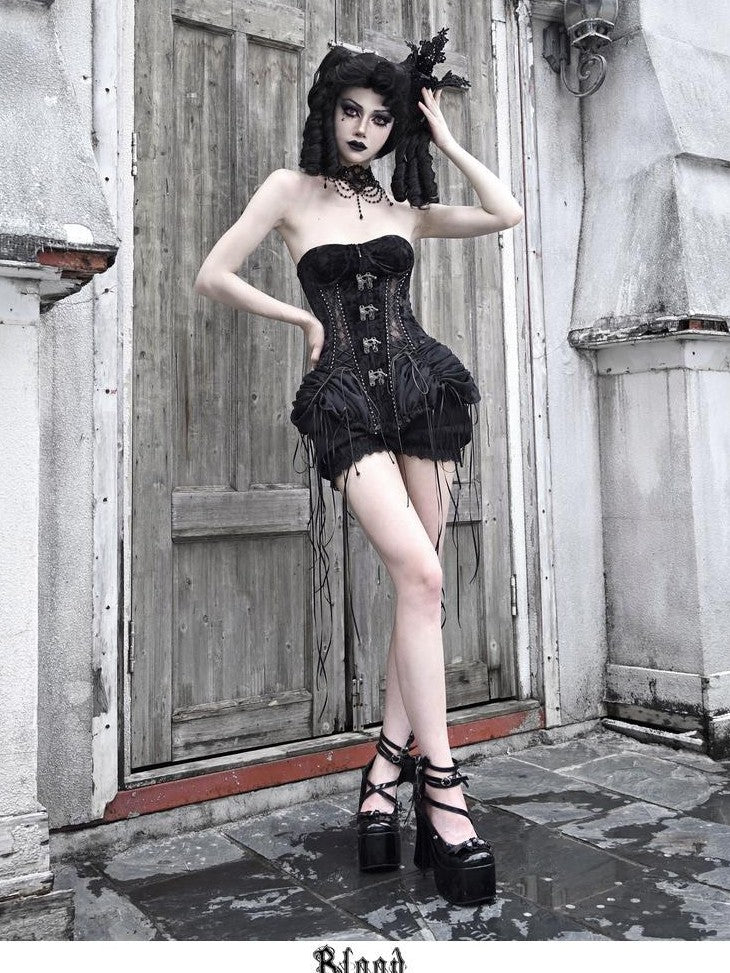 BLOOD SUPPLY Gothic Fishbone Cage Lace Up Bow Detail Women's Velvet Bustiers