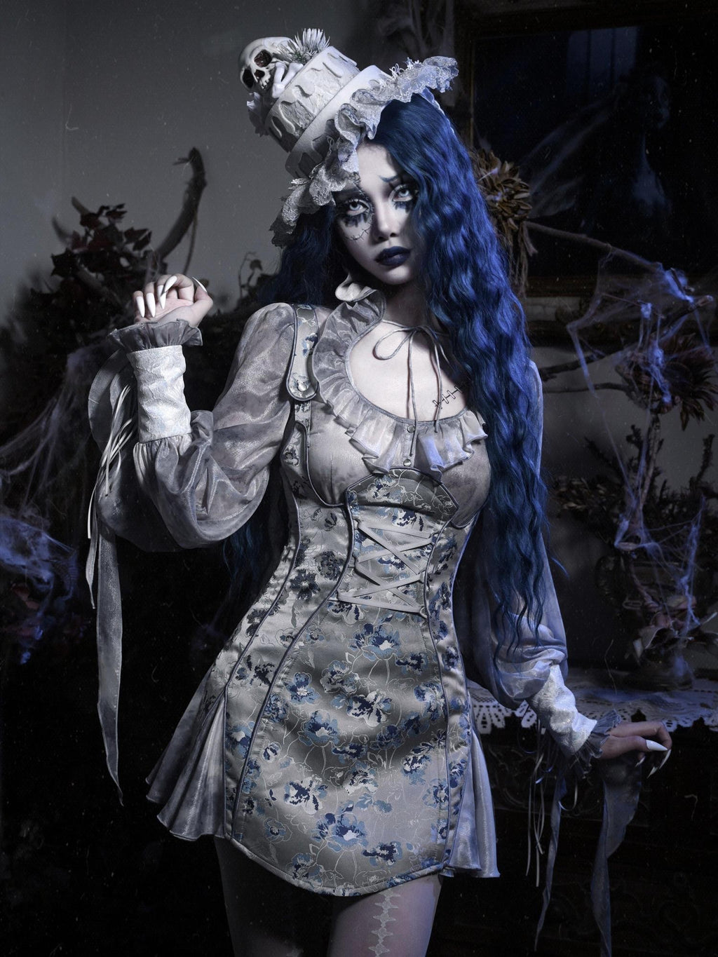 BLOOD SUPPLY Gothic Jacquard Zombie Bride Strappy Women's Polyester Long Sleeve Op