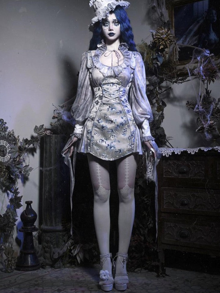 BLOOD SUPPLY Gothic Jacquard Zombie Bride Strappy Women's Polyester Long Sleeve Op