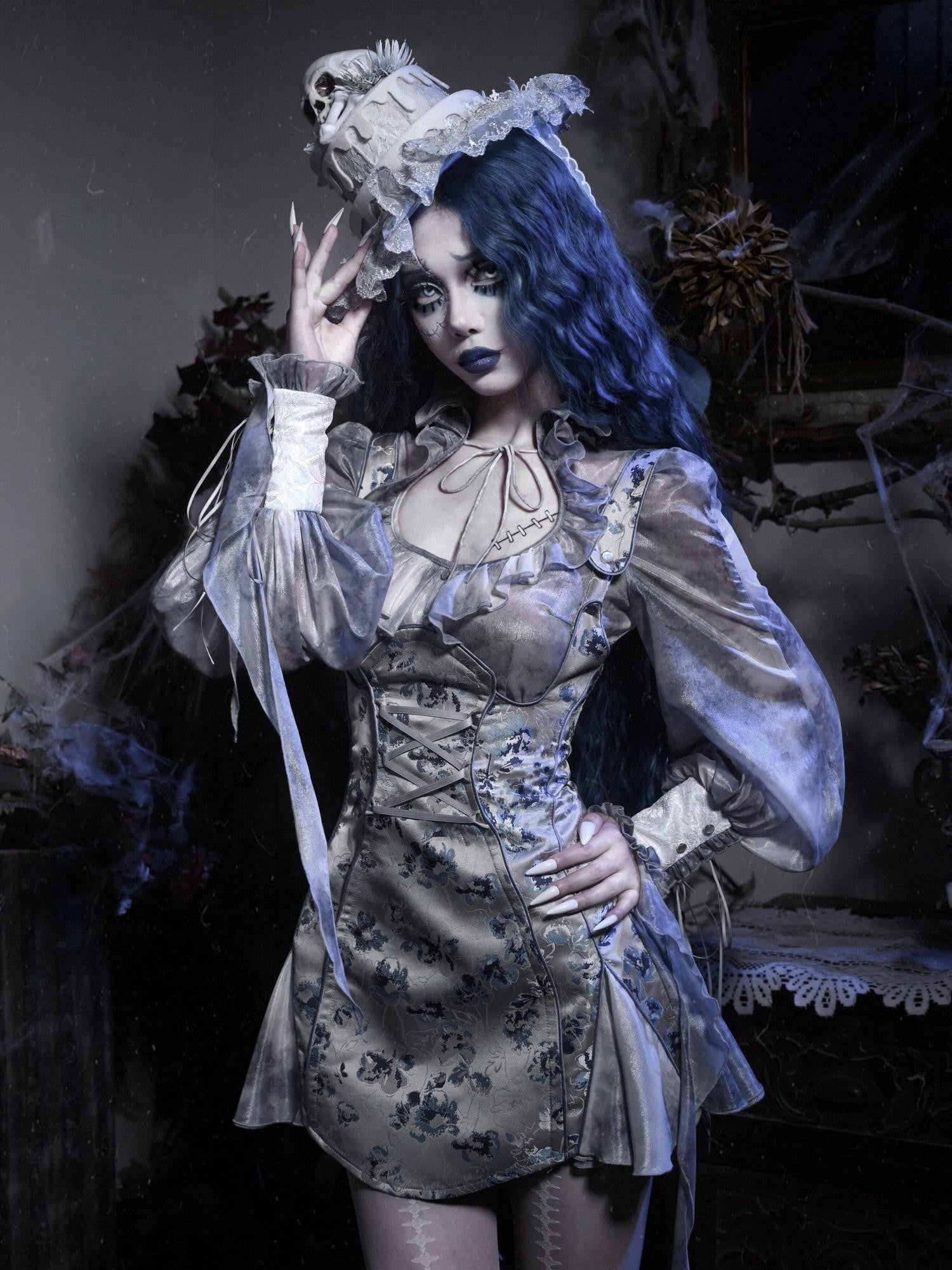 BLOOD SUPPLY Gothic Jacquard Zombie Bride Strappy Women's Polyester Long Sleeve Op