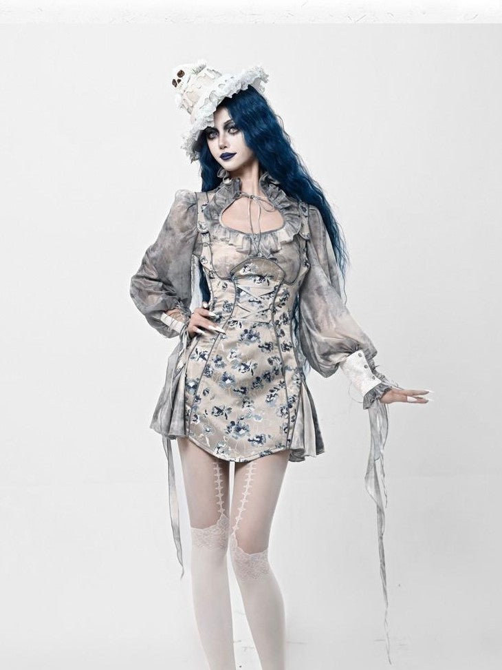 BLOOD SUPPLY Gothic Jacquard Zombie Bride Strappy Women's Polyester Long Sleeve Op