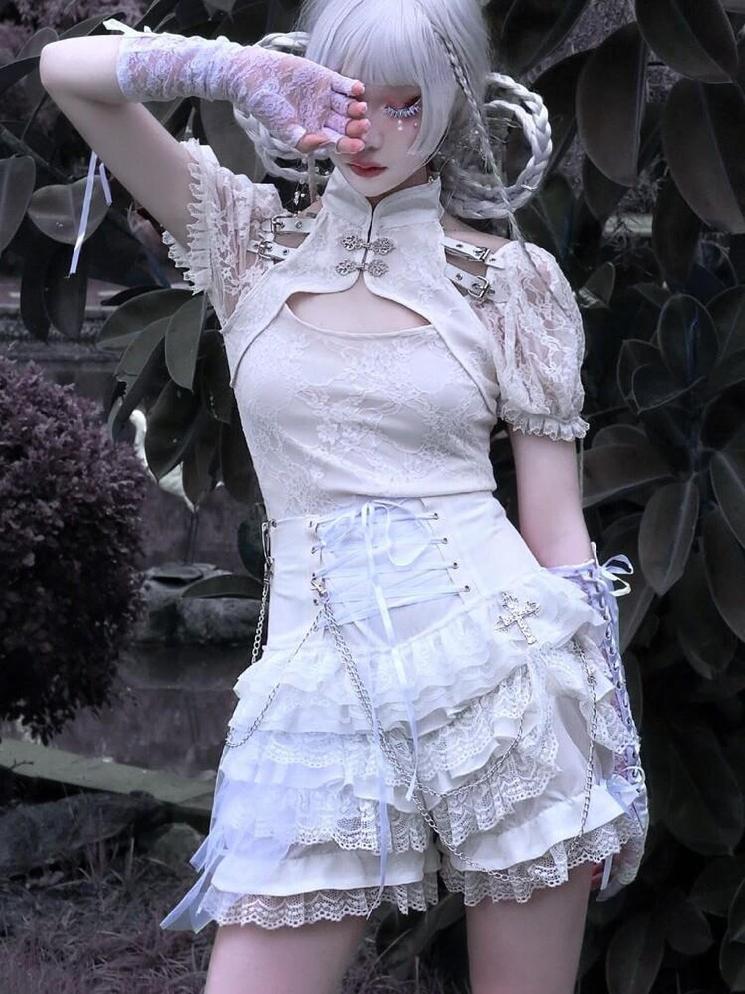 BLOOD SUPPLY Gothic Punk Chain Lace Up Ruffle Pleated Mid Waist Women's Lace Skirts