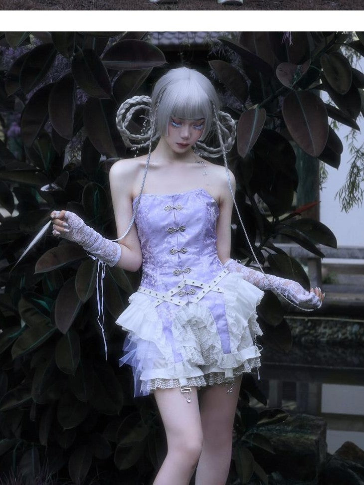 BLOOD SUPPLY Gothic Punk Chain Lace Up Ruffle Pleated Mid Waist Women's Lace Skirts