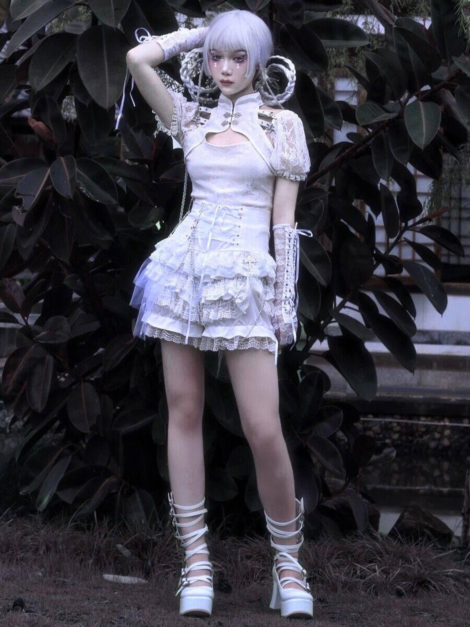 BLOOD SUPPLY Gothic Punk Chain Lace Up Ruffle Pleated Mid Waist Women's Lace Skirts