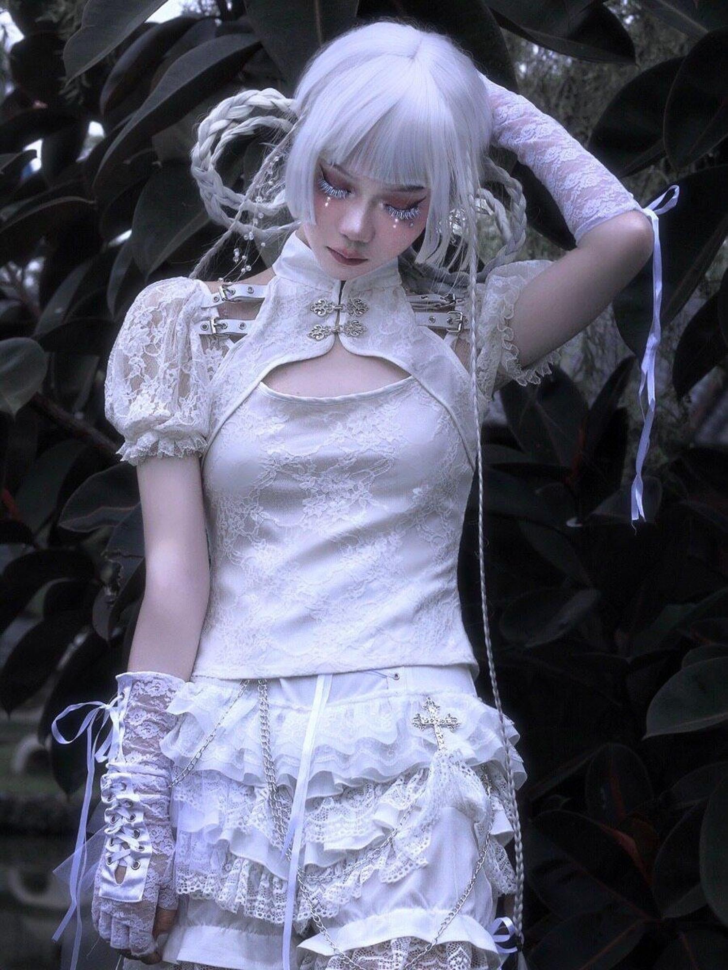 BLOOD SUPPLY Gothic Punk Chain Lace Up Ruffle Pleated Mid Waist Women's Lace Skirts