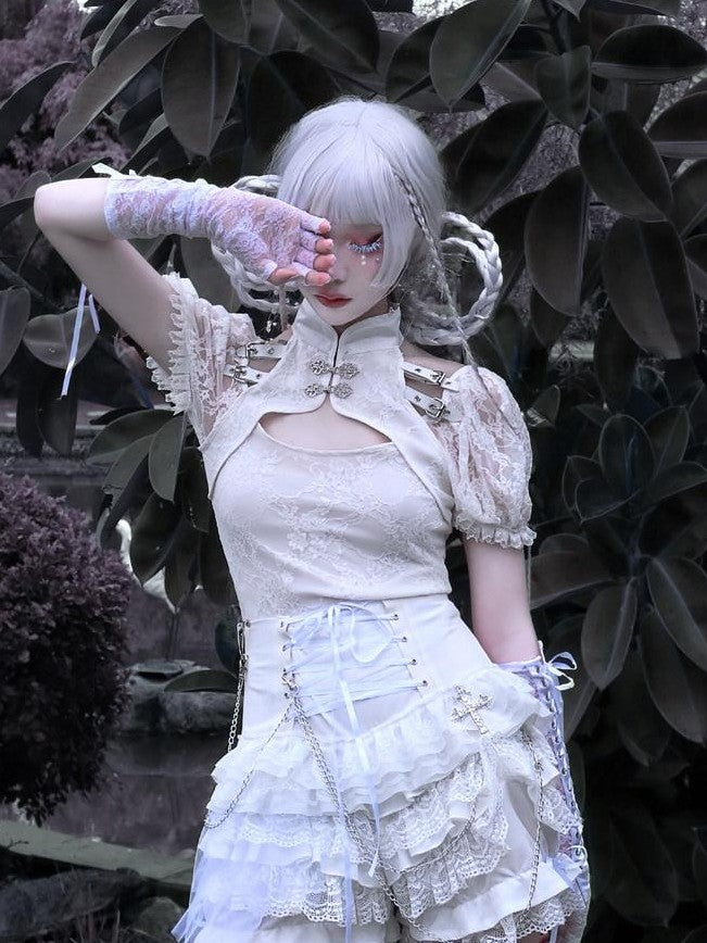 BLOOD SUPPLY Gothic Punk Chain Lace Up Ruffle Pleated Mid Waist Women's Lace Skirts