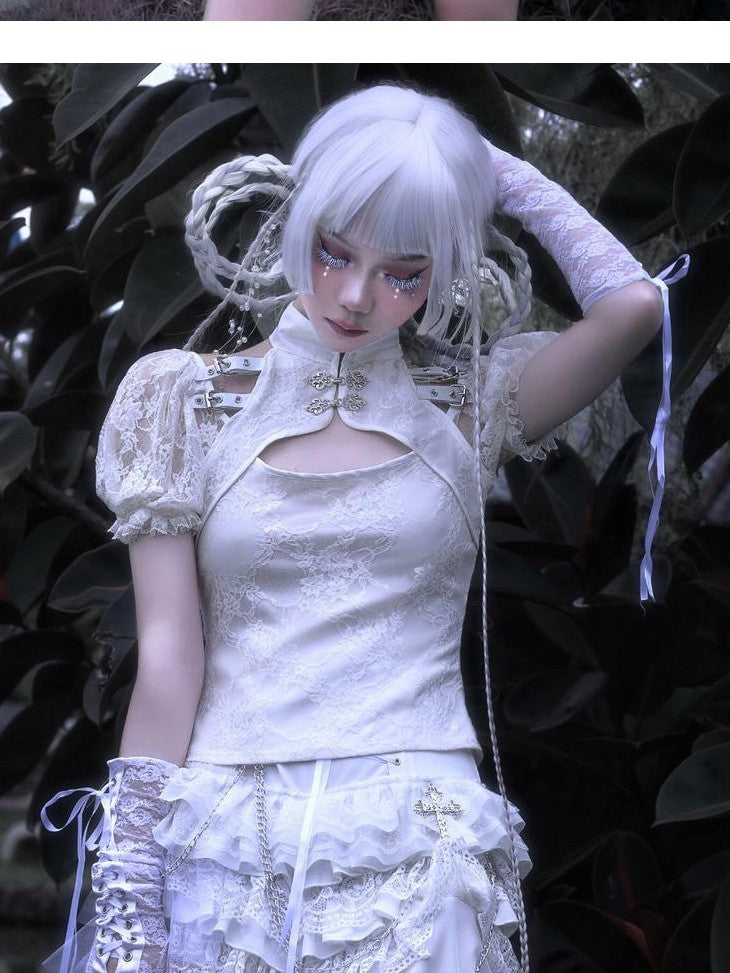 BLOOD SUPPLY Gothic Punk Chain Lace Up Ruffle Pleated Mid Waist Women's Lace Skirts