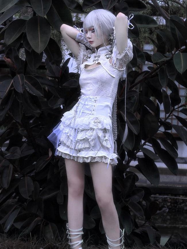 BLOOD SUPPLY Gothic Punk Chain Lace Up Ruffle Pleated Mid Waist Women's Lace Skirts