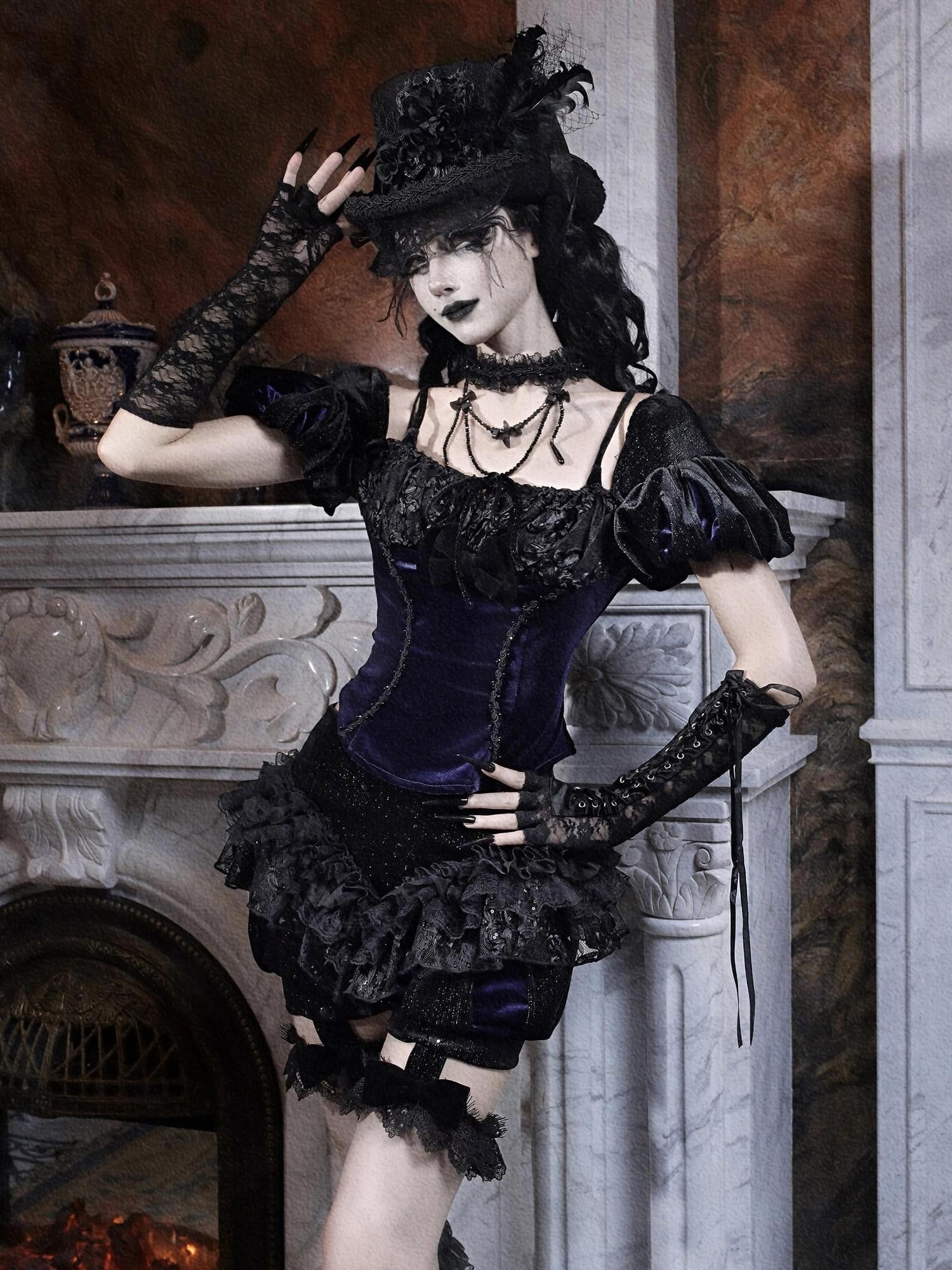 BLOOD SUPPLY Gothic Slim Puff Sleeves Straps Backless Women's Velvet Bustiers