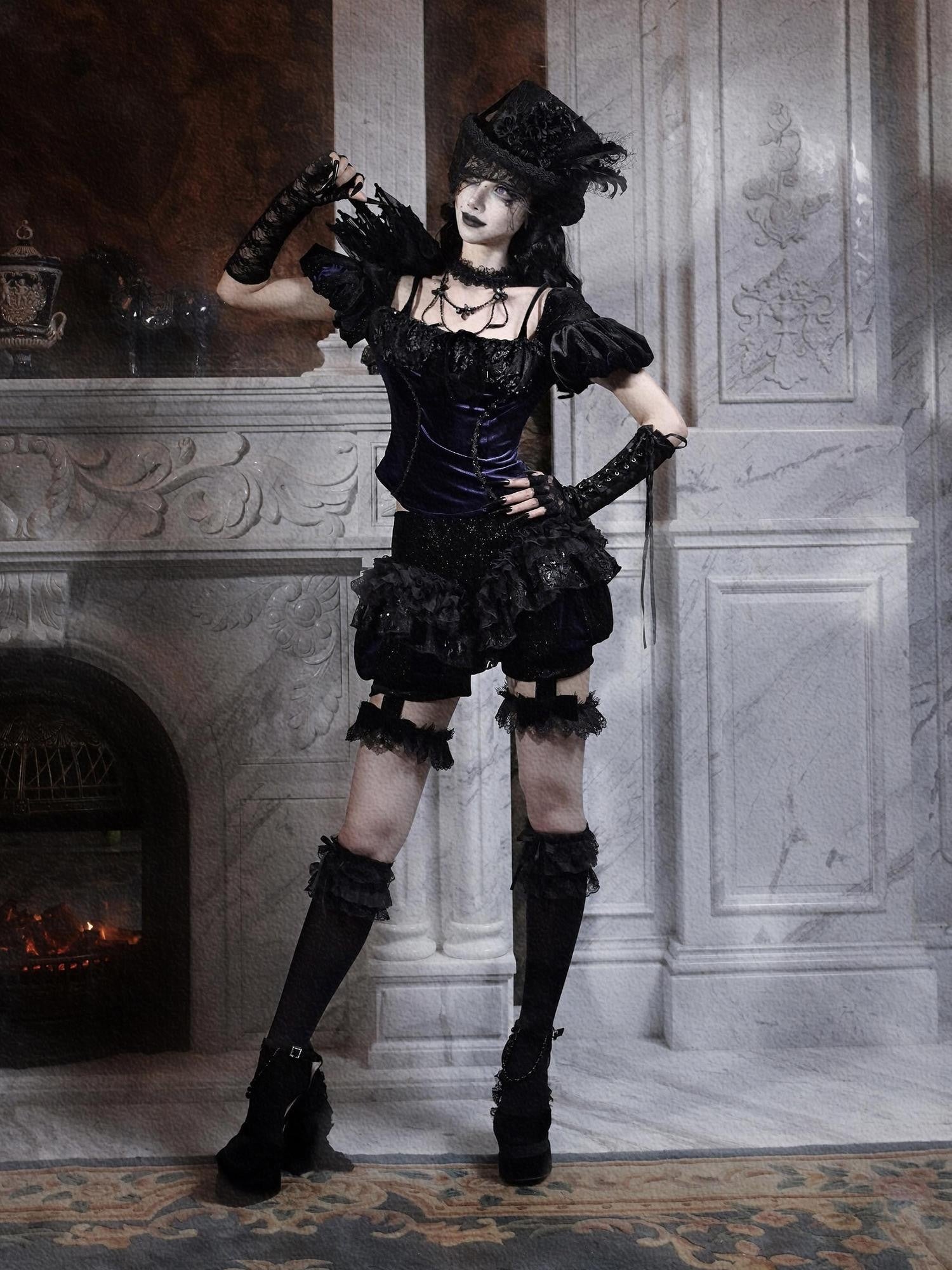 BLOOD SUPPLY Gothic Slim Puff Sleeves Straps Backless Women's Velvet Bustiers