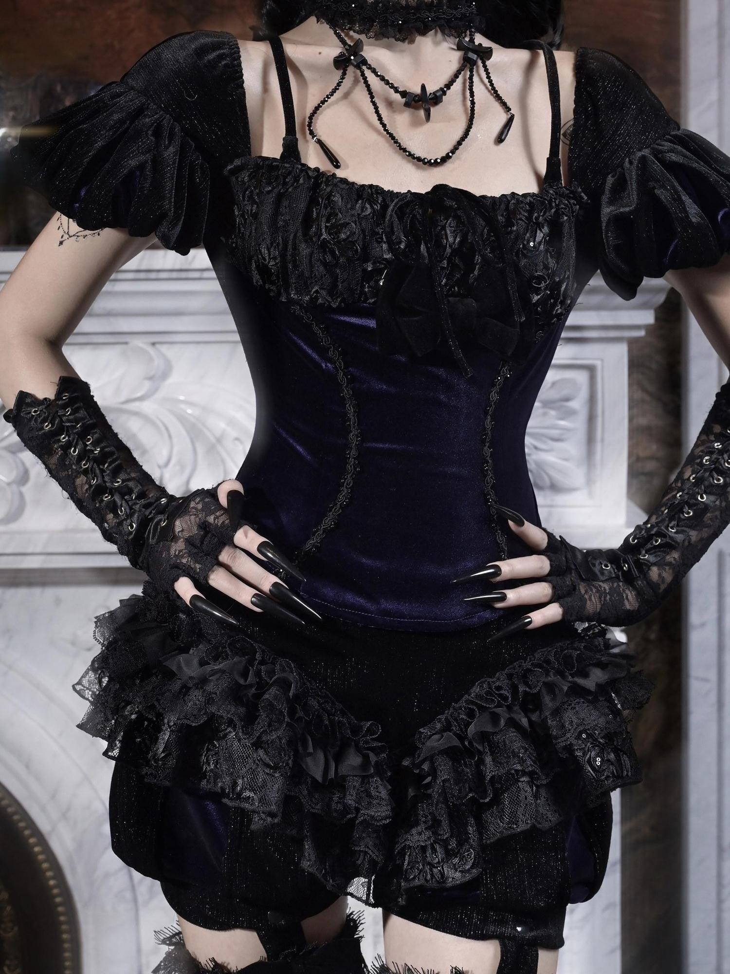 BLOOD SUPPLY Gothic Slim Puff Sleeves Straps Backless Women's Velvet Bustiers