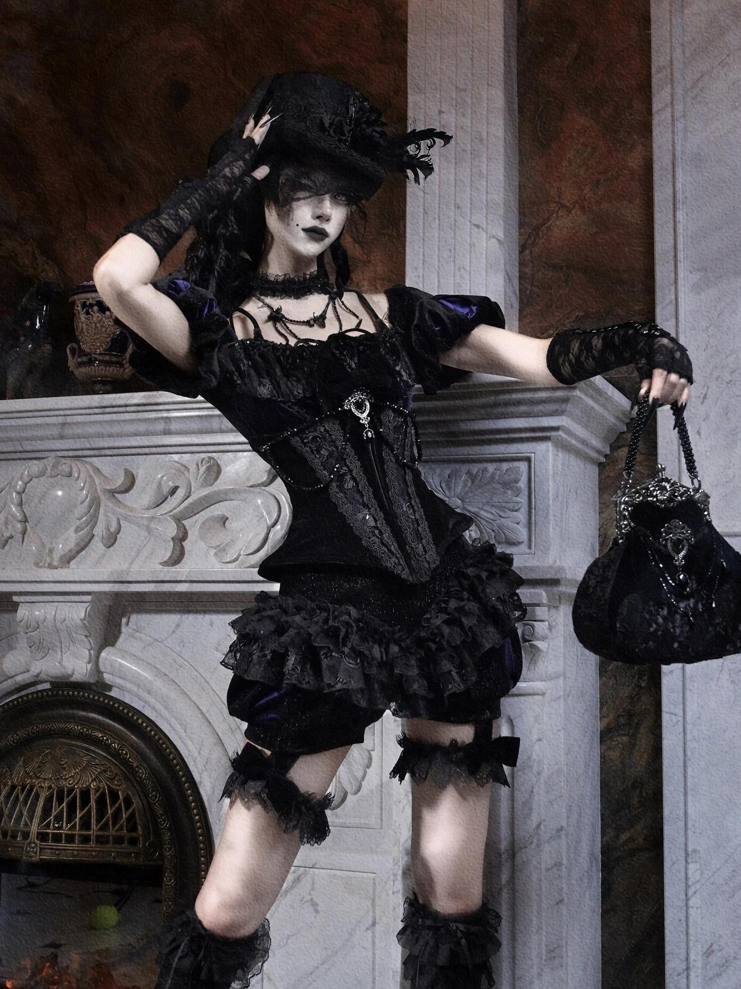 BLOOD SUPPLY Gothic Slim Puff Sleeves Straps Backless Women's Velvet Bustiers