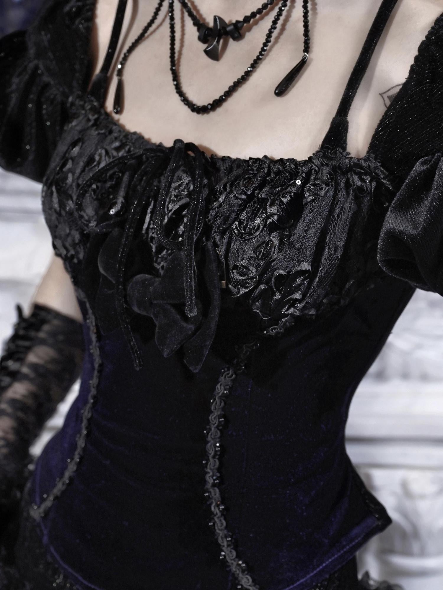 BLOOD SUPPLY Gothic Slim Puff Sleeves Straps Backless Women's Velvet Bustiers