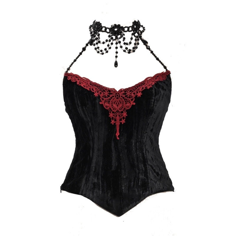 BLOOD_SUPPLY_Gothic_Velvet_Boned_Corset_Spaghetti_Strap_Women's_Polyester_Jsk_/_Jumper_Skirts_734339319794_MISSTT