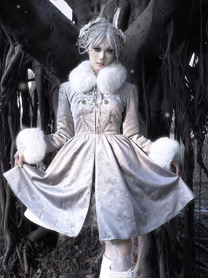 BLOOD SUPPLY Gray Purple Abstract Jacquard Fur Trim Toggle Women's Padded Coats