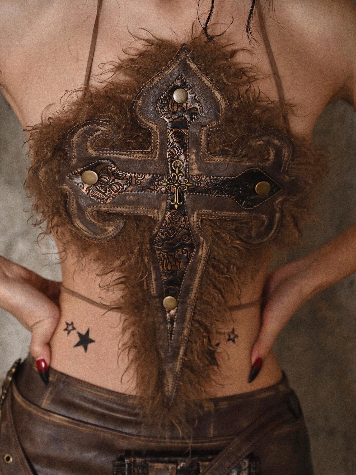 BLOOD SUPPLY Indie Distressed Cross Halter Women's Longhair Lamb Wool Spandex Vests