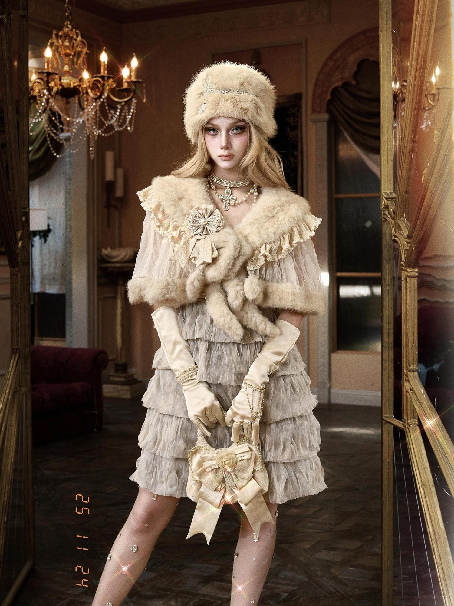 BLOOD SUPPLY Lace Cake High Waist Strappy Removable Bow Women's Polyester Jsk / Jumper Skirts