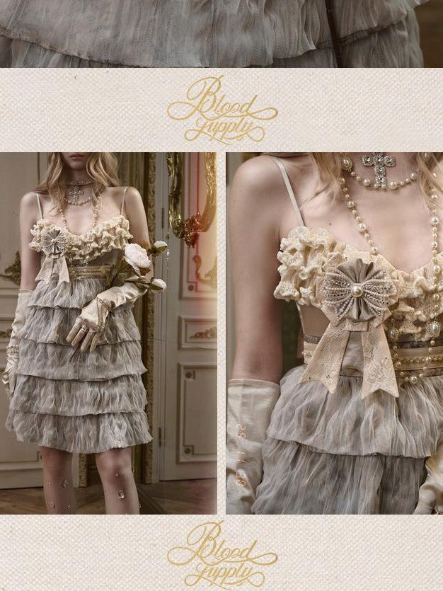 BLOOD SUPPLY Lace Cake High Waist Strappy Removable Bow Women's Polyester Jsk / Jumper Skirts
