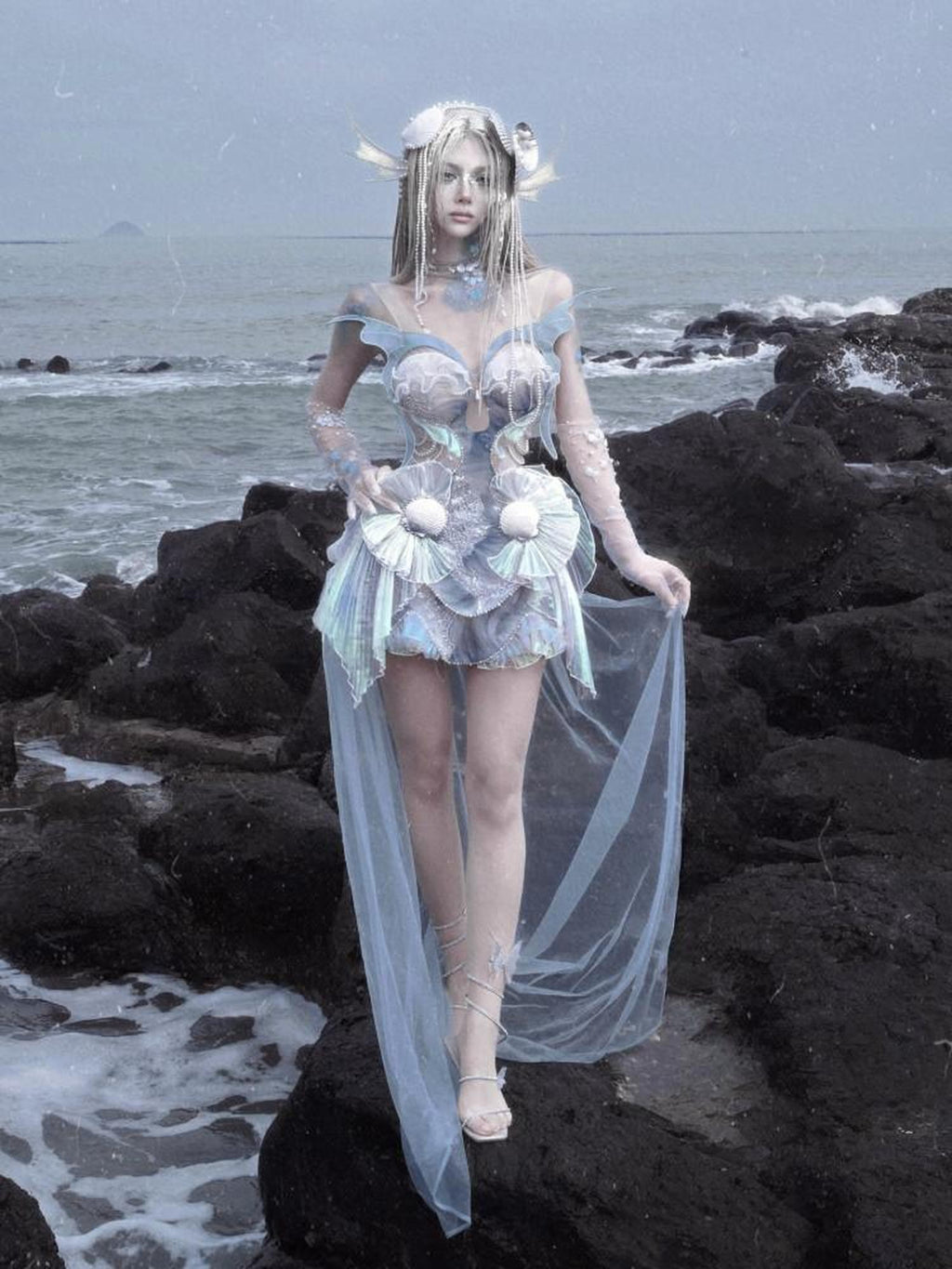 BLOOD SUPPLY Mermaid Lace Up Iridescent Corset Sequin Women's Polyester Jsk / Jumper Skirts