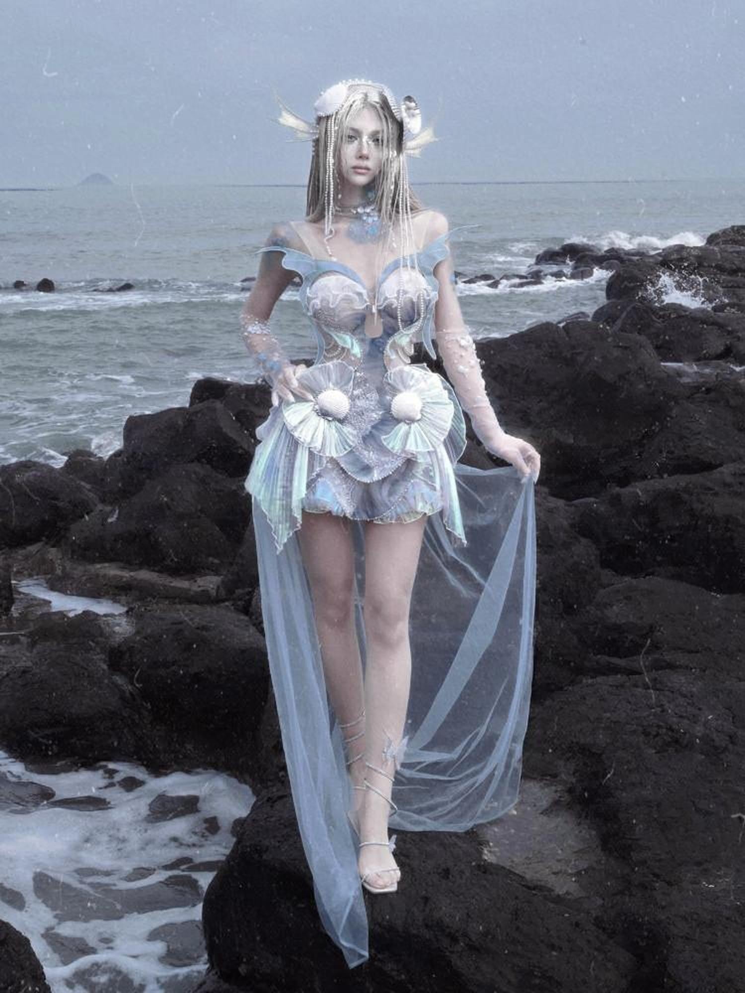 BLOOD SUPPLY Mermaid Lace Up Iridescent Corset Sequin Women's Polyester Jsk / Jumper Skirts