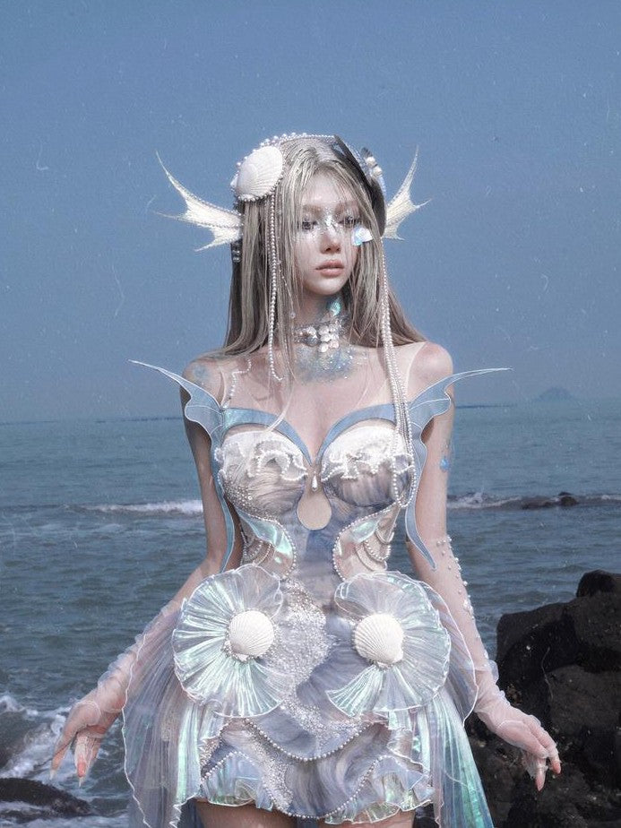 BLOOD SUPPLY Mermaid Lace Up Iridescent Corset Sequin Women's Polyester Jsk / Jumper Skirts