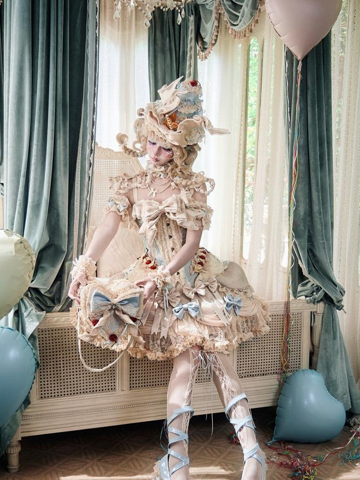 BLOOD SUPPLY Milk Blue Rococo Vintage Lace Tiered Bow Women's Lace Polyester Skirts