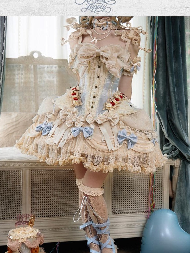 BLOOD SUPPLY Milk Blue Rococo Vintage Lace Tiered Bow Women's Lace Polyester Skirts