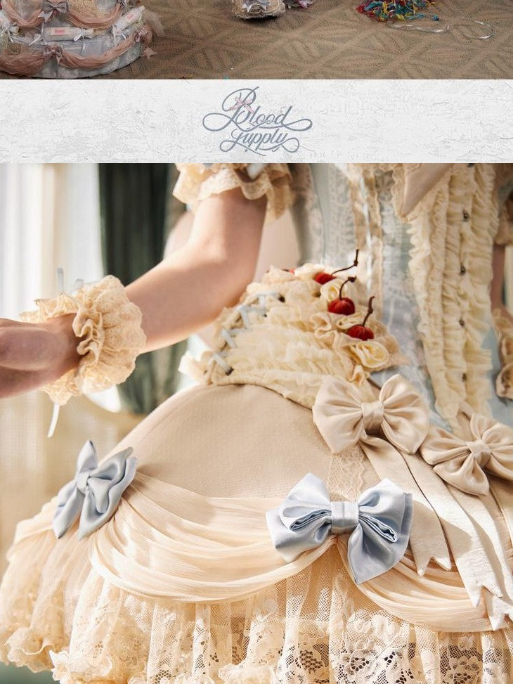 BLOOD SUPPLY Milk Blue Rococo Vintage Lace Tiered Bow Women's Lace Polyester Skirts