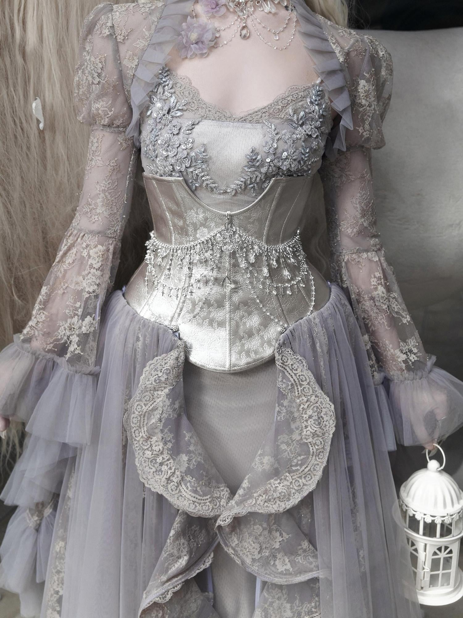 BLOOD SUPPLY Moonlight Silver Crystal Armor Fishbone Buckle Crystal Chain Women's Sashes