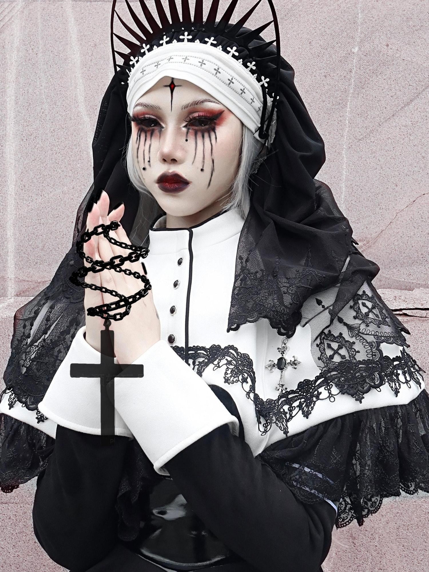 BLOOD SUPPLY Patchwork Double Layer Lace Gothic Cross Women's Tulle Veils