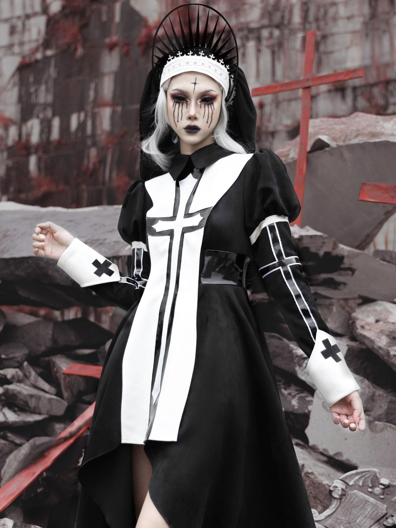 BLOOD SUPPLY Patchwork Double Layer Lace Gothic Cross Women's Tulle Veils