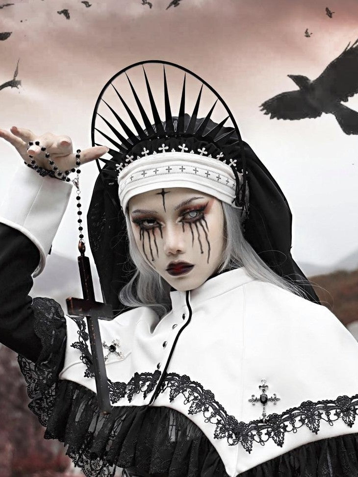 BLOOD SUPPLY Patchwork Double Layer Lace Gothic Cross Women's Tulle Veils