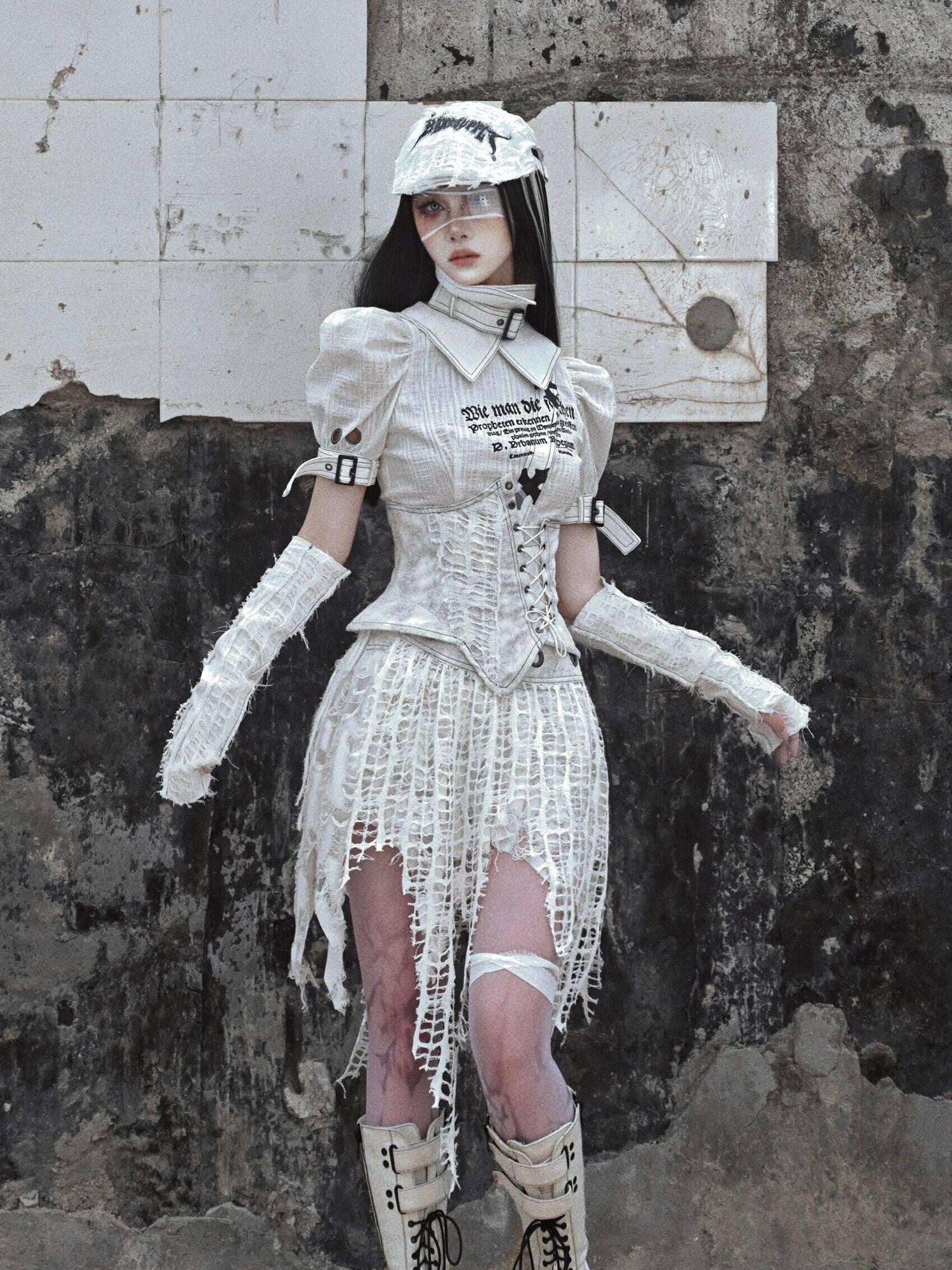 BLOOD SUPPLY Pleated Wrinkled Distressed Punk Knit Ripped Women's Cotton Linen Gloves