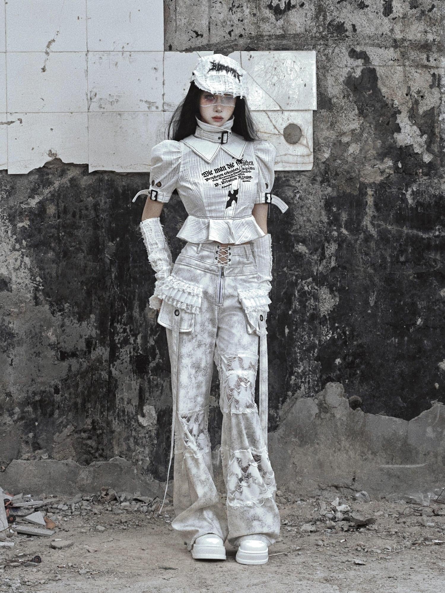 BLOOD SUPPLY Pleated Wrinkled Distressed Punk Knit Ripped Women's Cotton Linen Gloves
