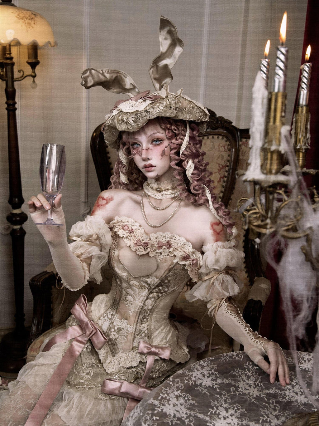 BLOOD SUPPLY Rabbit Ear Rococo Elegant Mesh Dome Women's Polyester Half Bonnets