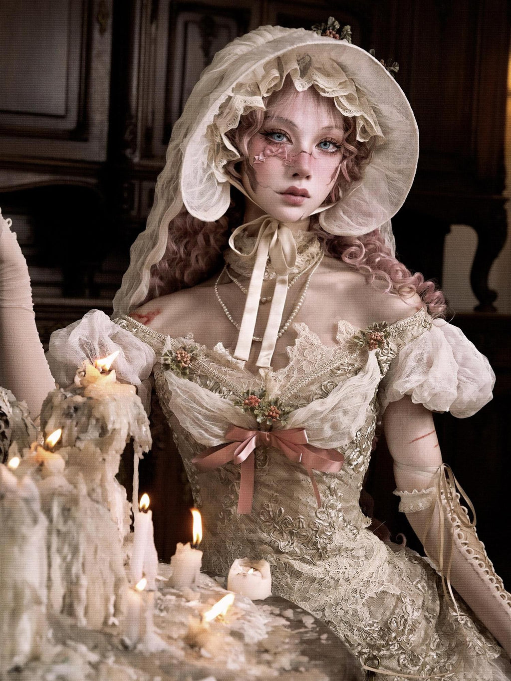 BLOOD SUPPLY Rabbit Ear Rococo Elegant Mesh Dome Women's Polyester Half Bonnets