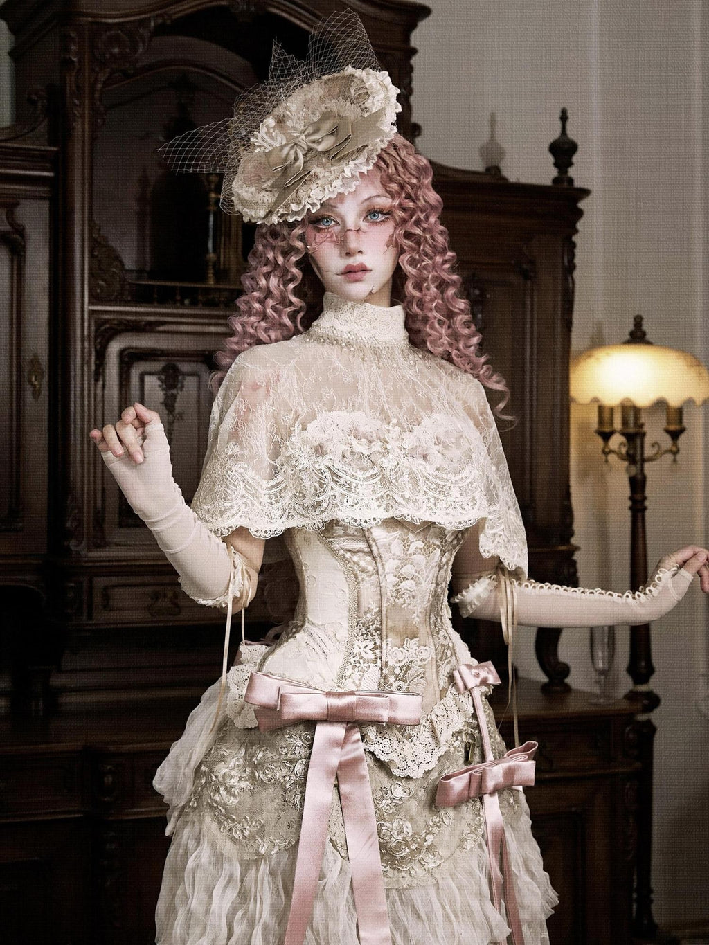 BLOOD SUPPLY Rabbit Ear Rococo Elegant Mesh Dome Women's Polyester Half Bonnets