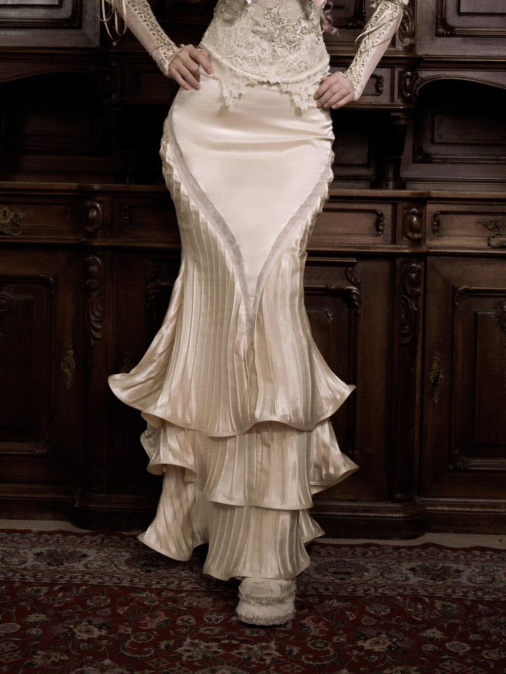 BLOOD SUPPLY Rococo Satin Pressed Pleats Fishtail Long Women's Polyester Skirts
