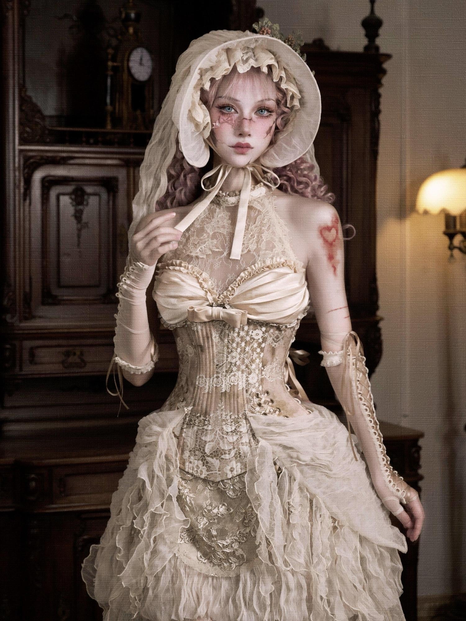 BLOOD SUPPLY Rococo Vintage Fishbone Lace Halter Mesh Puff Sleeve Women's Lyocell Bustiers